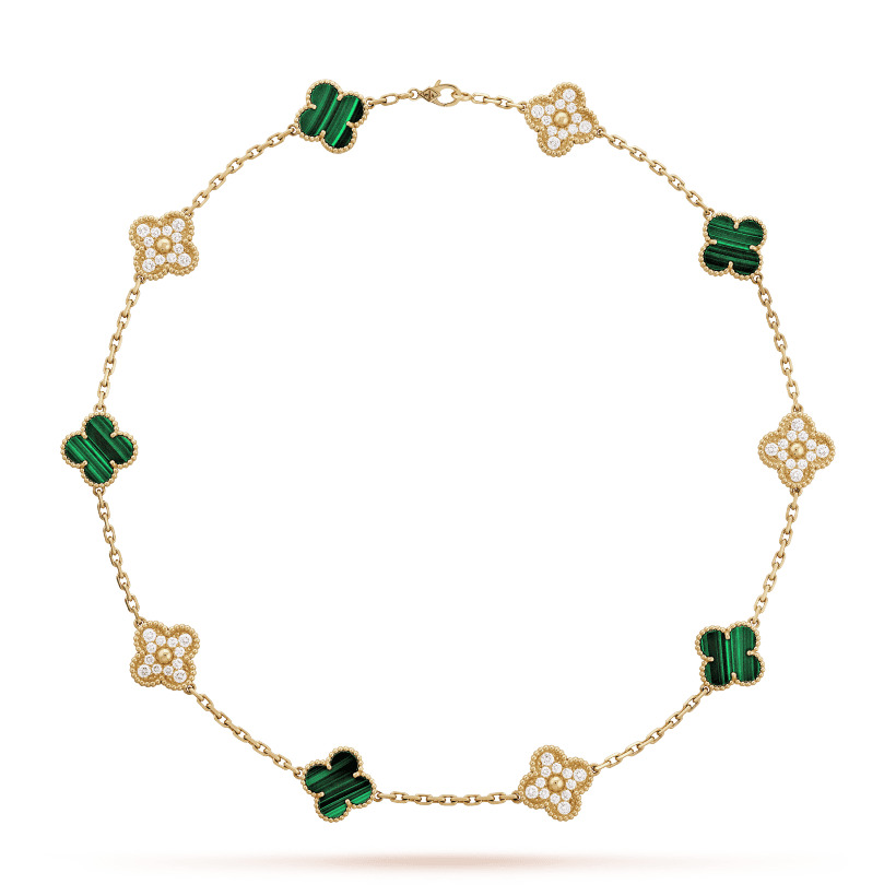 18K Vintage Alhambra Malachite Diamonds 10 Motifs Necklace