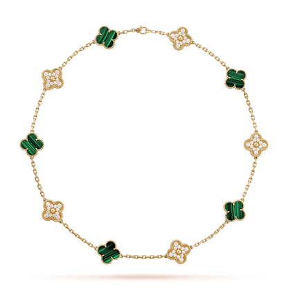 18K Vintage Alhambra Malachite Diamonds 10 Motifs Necklace