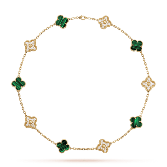 18K Vintage Alhambra Malachite Diamonds 10 Motifs Necklace