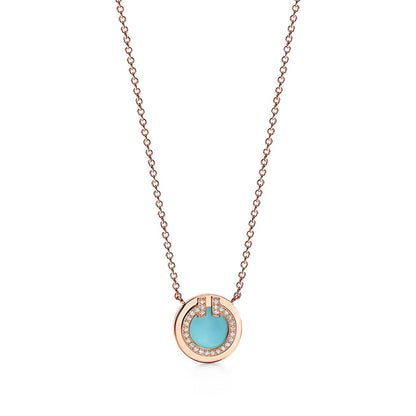 18K T Diamond & Turquoise Circle Pendant Necklace