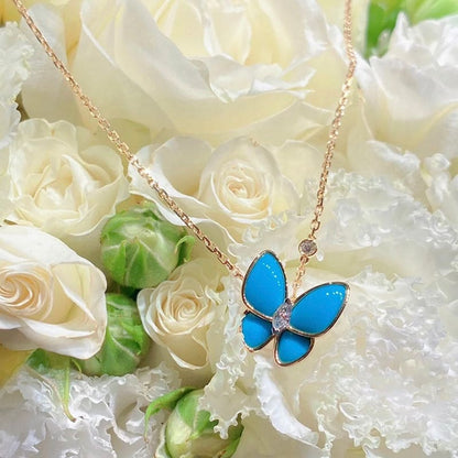 18K Two Butterfly Pendant with Diamond & Turquoise Necklace