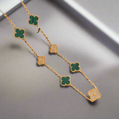 18K Vintage Alhambra Malachite Diamonds 10 Motifs Necklace