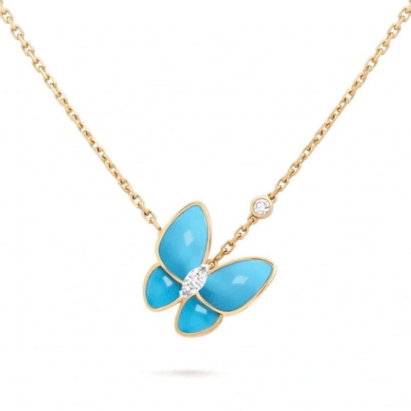 18K Two Butterfly Pendant with Diamond & Turquoise Necklace