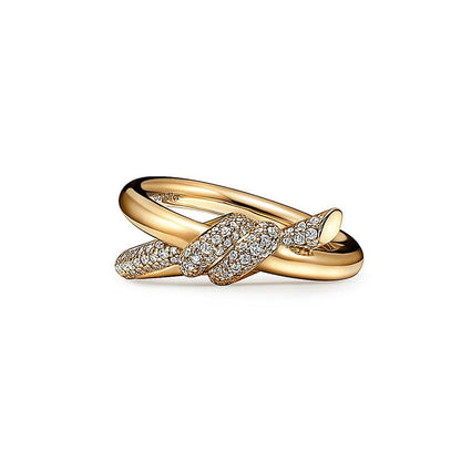 18K Yellow Gold  Knot Double Row Diamonds Ring