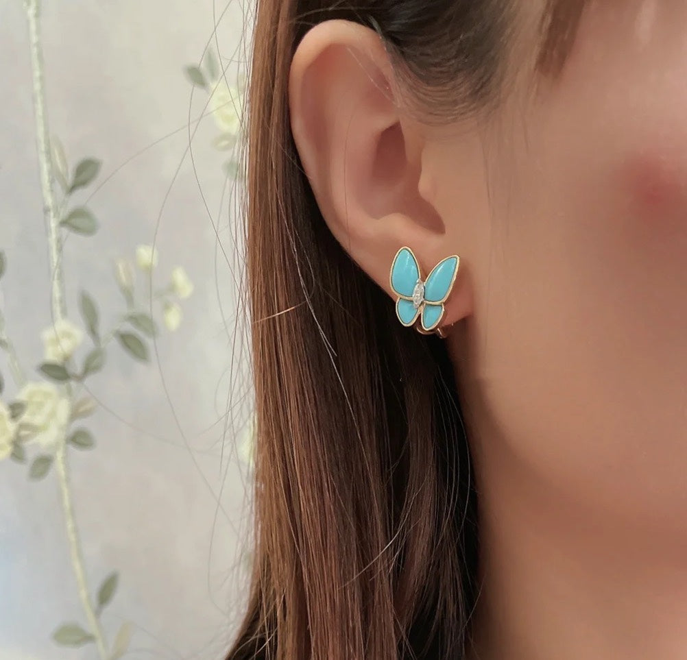 18K Two Butterfly Turquoise Earrings