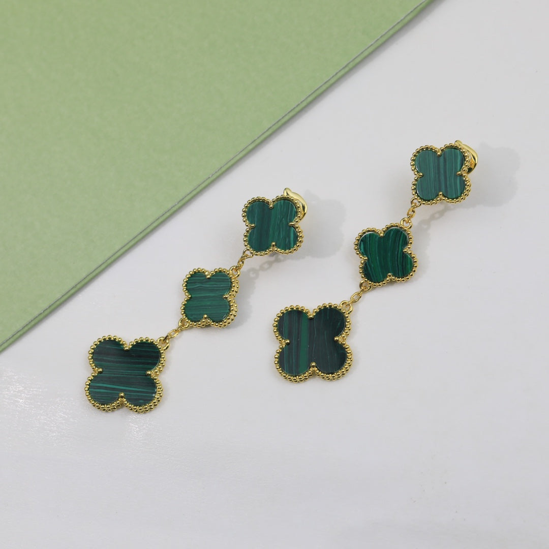 18K Magic Alhambra Three Malachite Motifs Clover Earrings